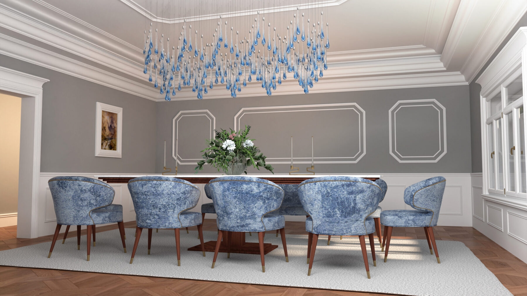 Rectangular Crystal Chandelier Water 12 shown in a contemporary interior