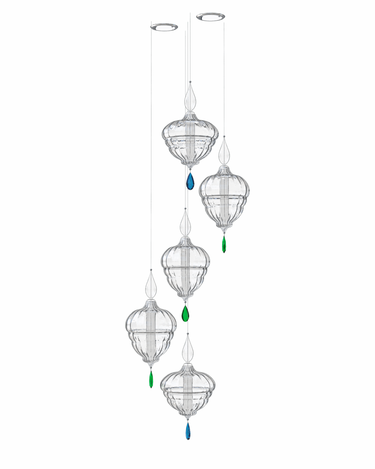 Lantern 3 Crystal long Pendant Blue and Green Accent