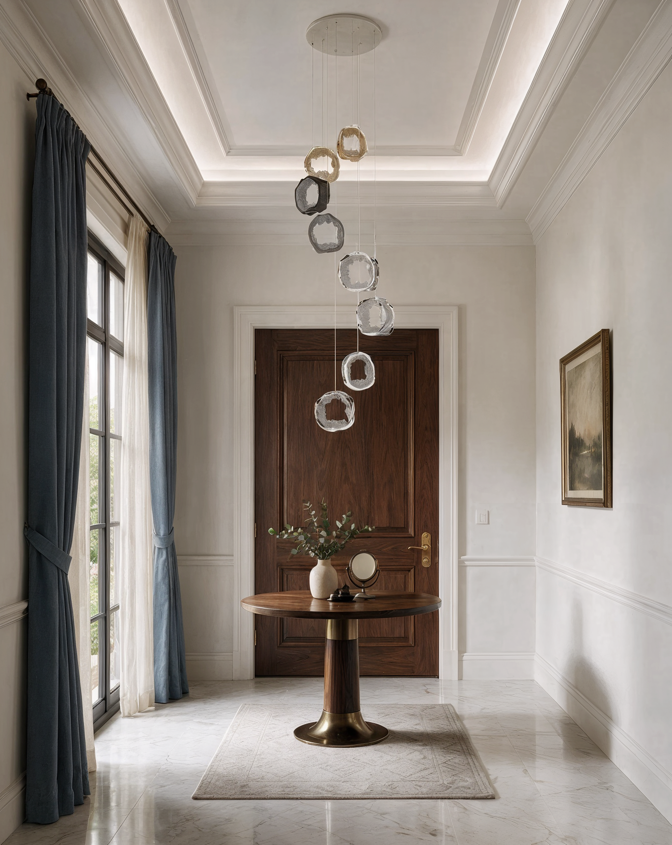 Long pendant chandelier Glittering Eye 1 shown in a contemporary interior