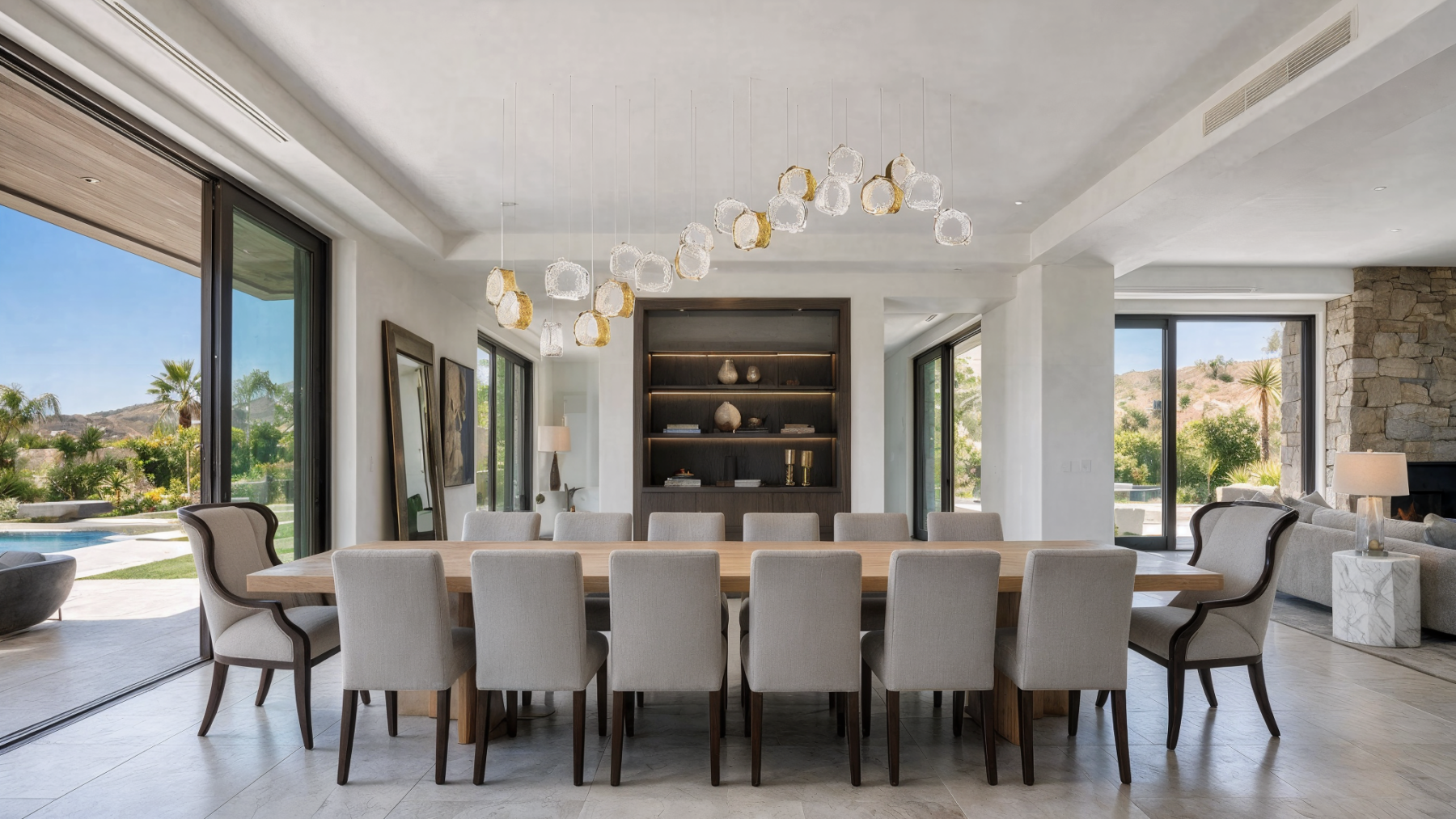 Floating Linear Crystal Chandelier for Modern Dining Kitchen Island Glittering Eye 5 Crystal Amethyst shown in a contemporary interior