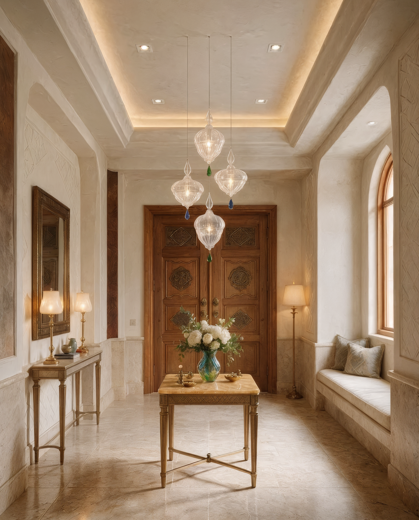 Lantern 2 Crystal Pendant with Blue & Green Accent shown in a contemporary interior