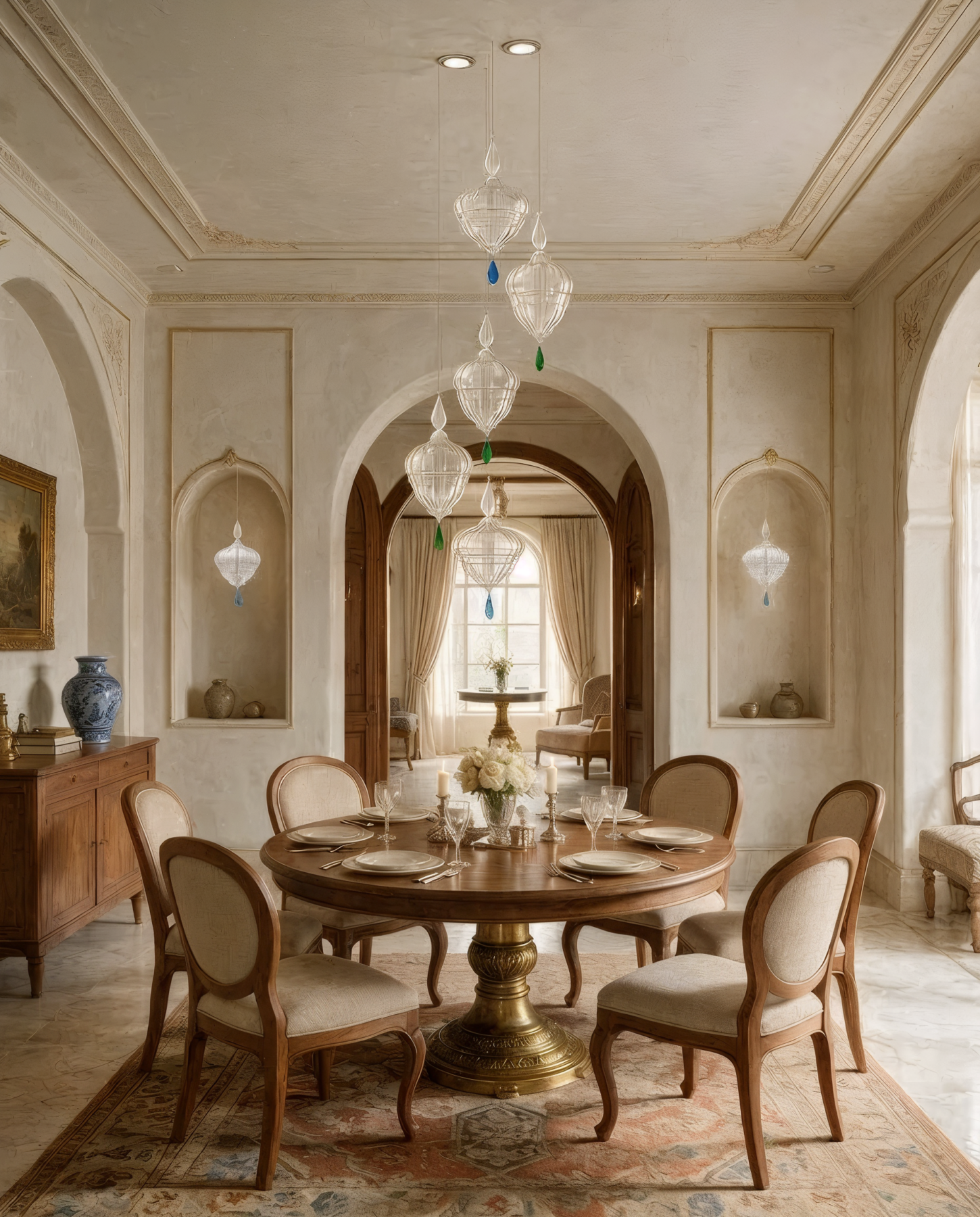 Lantern 3 Crystal long Pendant Blue and Green Accent shown in a contemporary interior