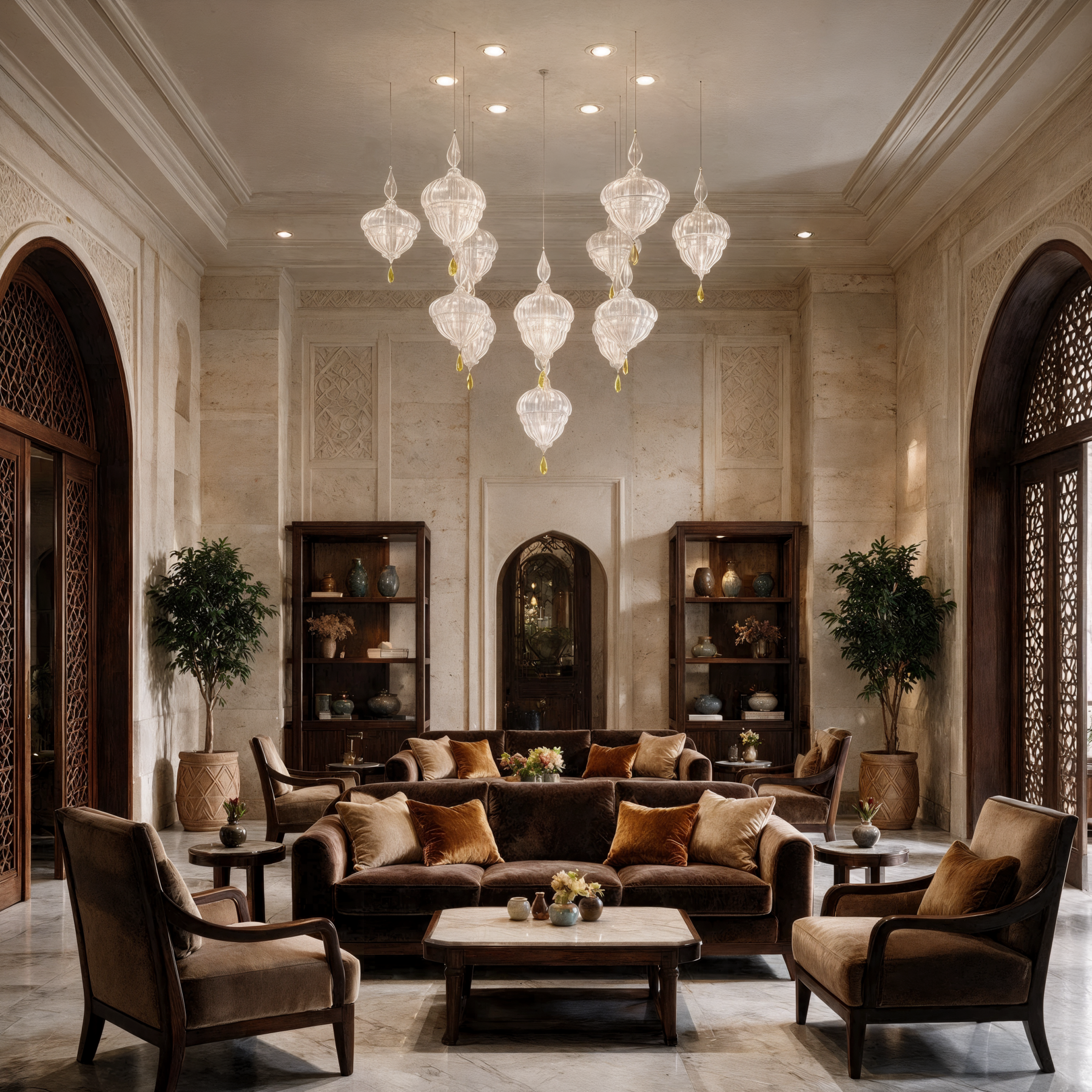 Lantern 5 Large Crystal Pendant Fixtures shown in a contemporary interior