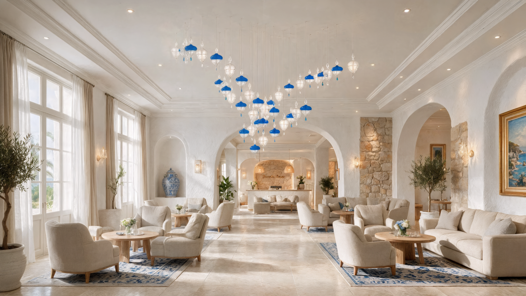 Lantern 8 Large Cascade Blue Crystal Chandelier shown in a contemporary interior