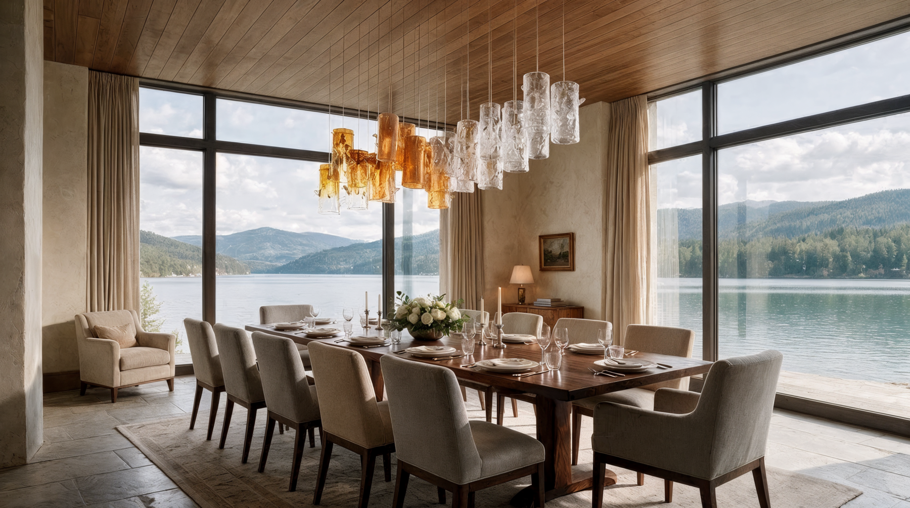Large Linear Crystal Chandelier LOG 6 shown in a contemporary interior