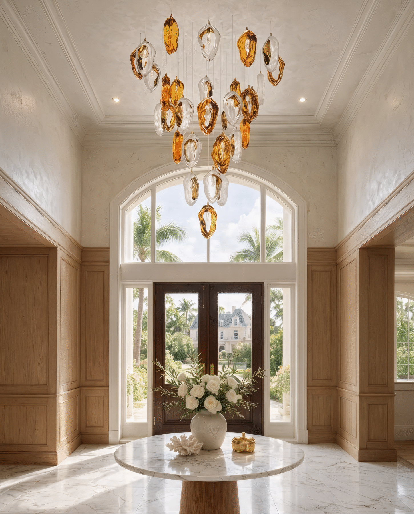Coastal Cascade Chandelier Crystal Seashells 13 shown in a contemporary interior