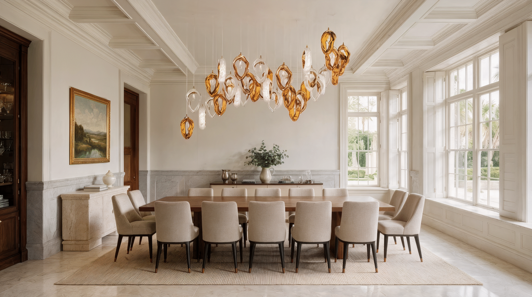Long Cascade Chandelier Seashell 14 shown in a contemporary interior