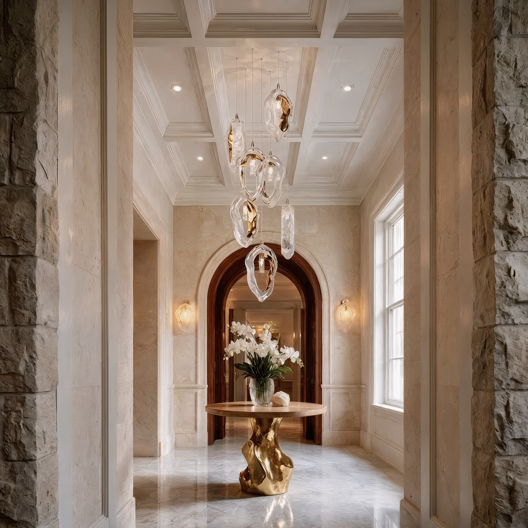 Long Cascade Crystal Lighting Fixture Seashell 8 shown in a contemporary interior