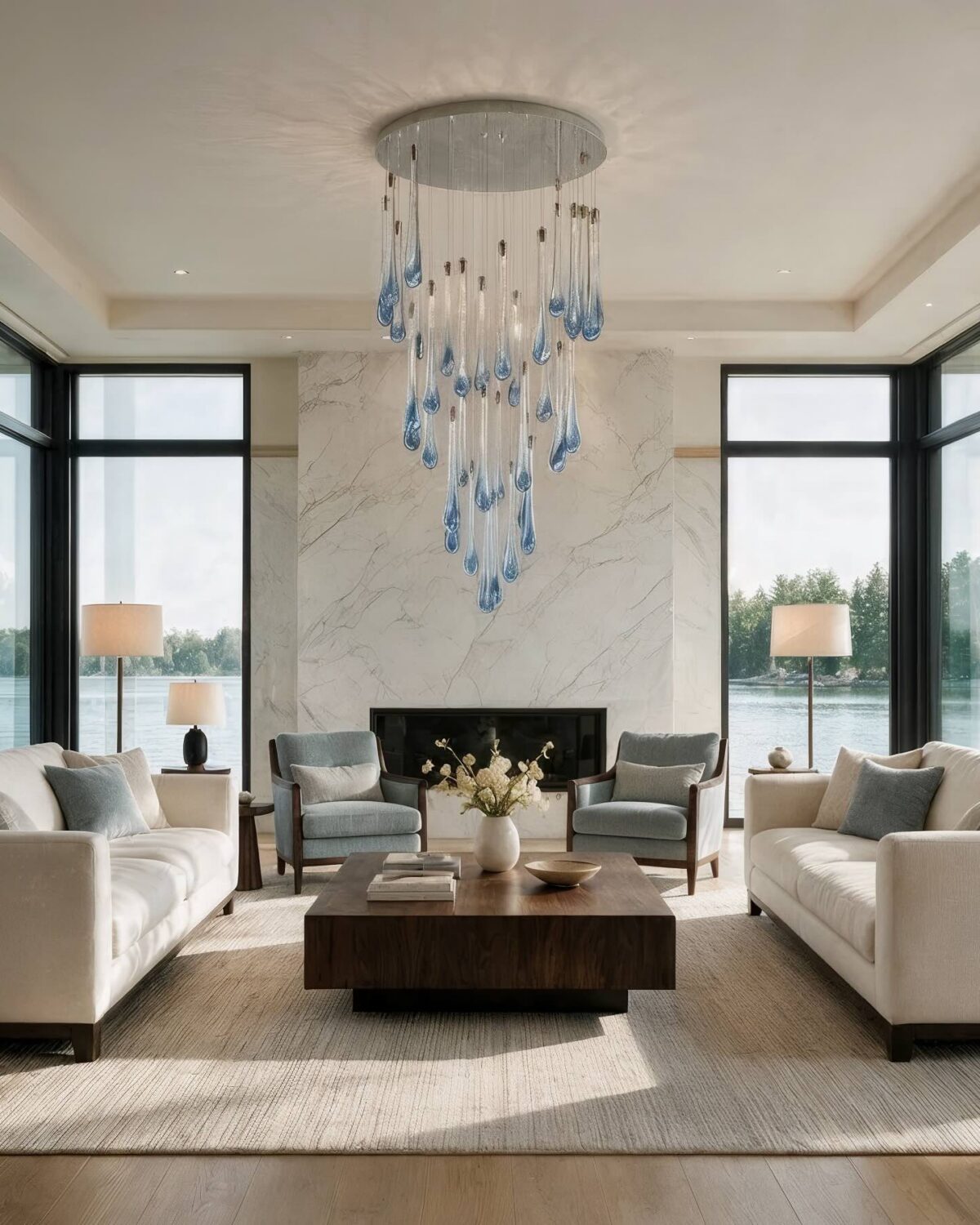 Cascading crystal composition from the Water family, for taller ceilings, stairwells, and living rooms