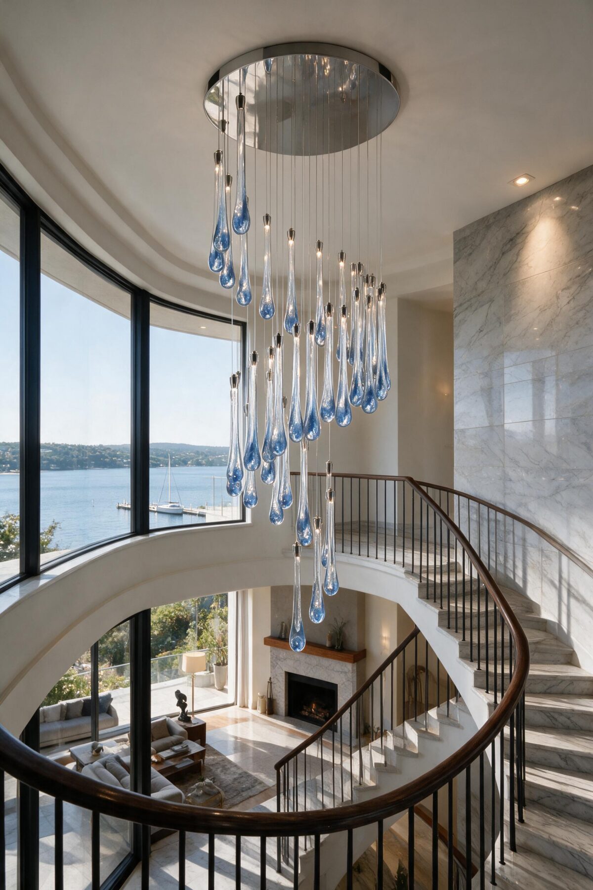 Large Cascade Pendant Chandelier Water Drops 2 shown in a contemporary interior