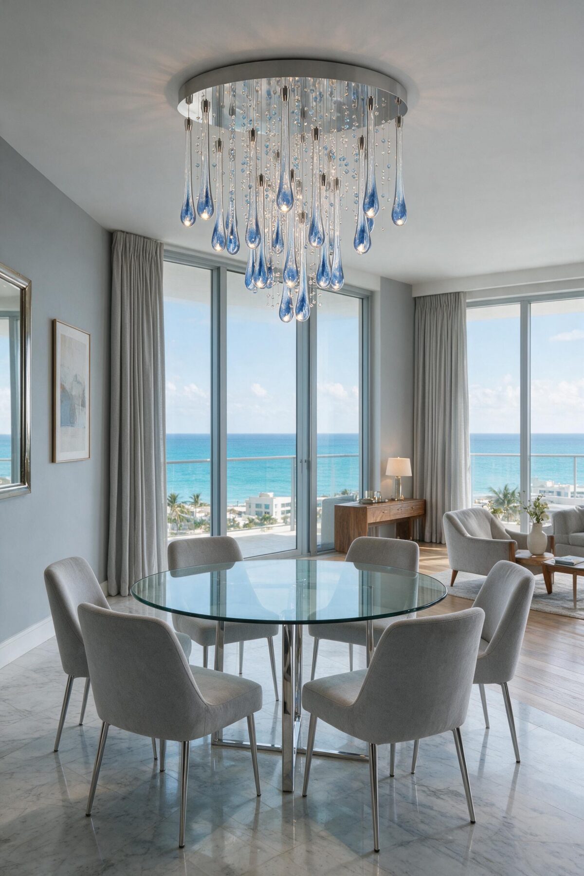 Ceiling Chandelier with Crystal Drops, Water 3 shown in a contemporary interior