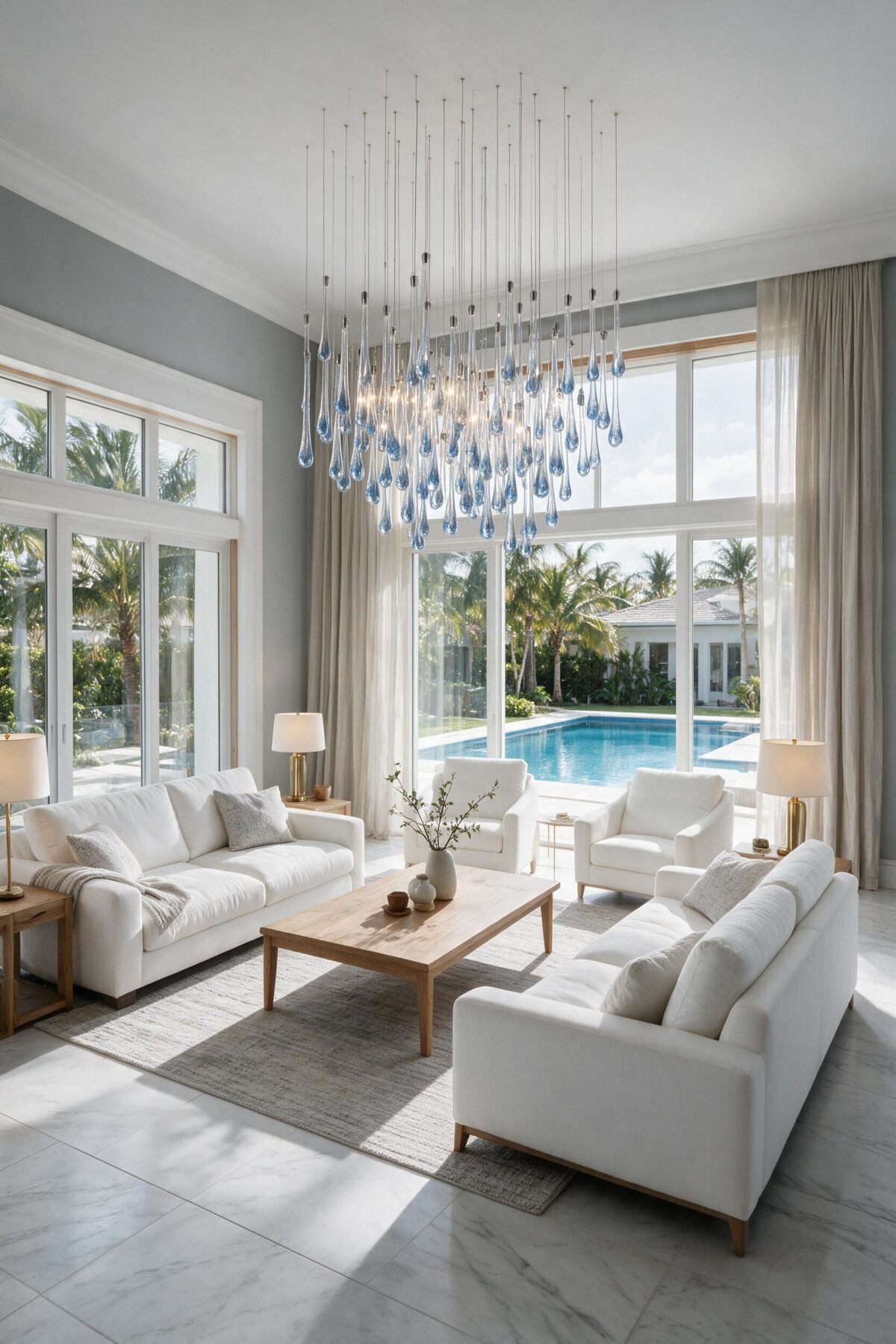 Linear Crossed Chandelier Water 5 shown in a contemporary interior