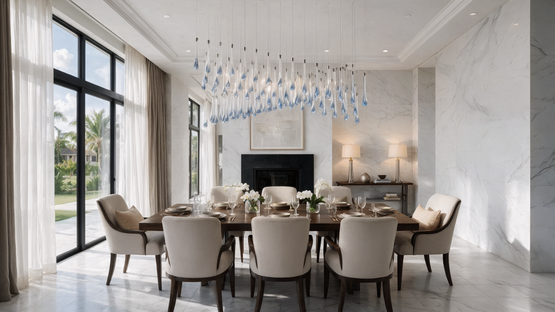 Linear Crystal Chandelier Water 6 shown in a contemporary interior