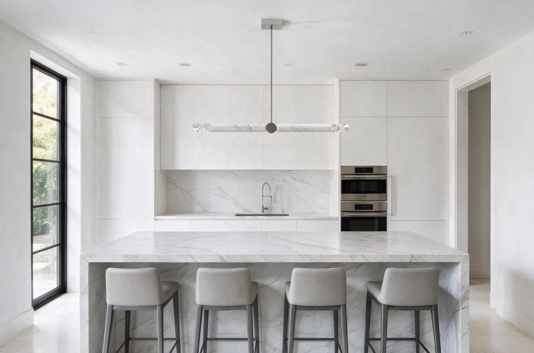 Elementis 5/2W marble linear pendant shown in a contemporary interior