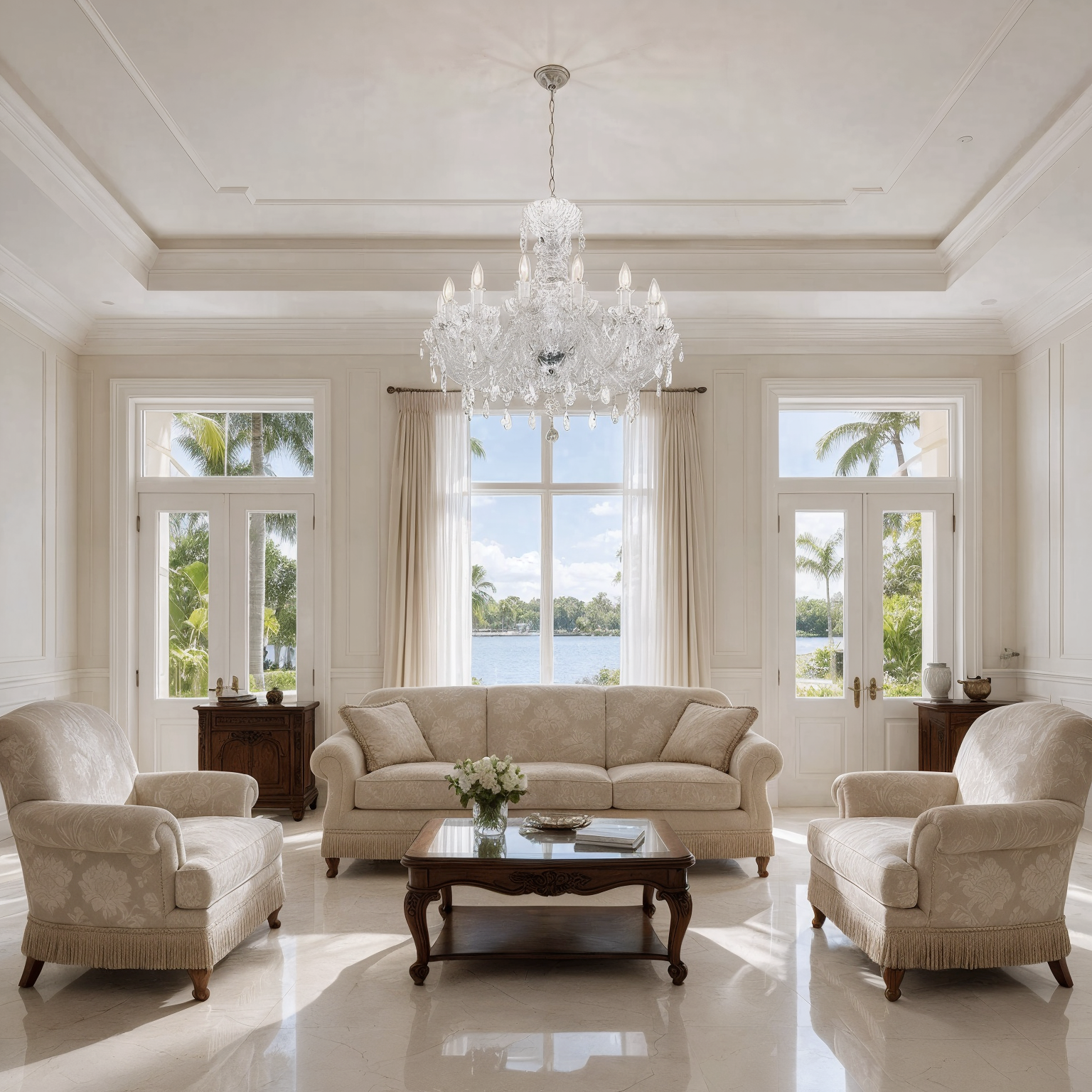 Everglow Classic Chandelier with gold and silver accent L100/16/02 shown in a contemporary interior