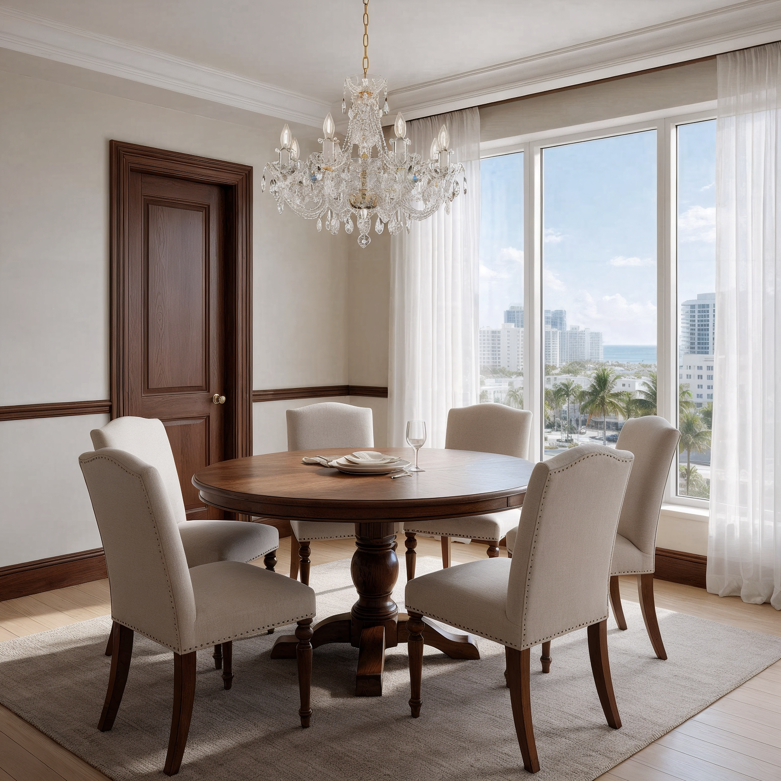 Everglow Classic Chandelier with gold and silver accent L100/8/02 shown in a contemporary interior