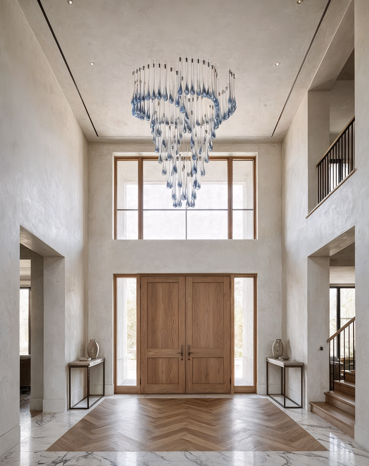 Two-Tier Cascade Crystal Chandelier Water 8 shown in a contemporary interior